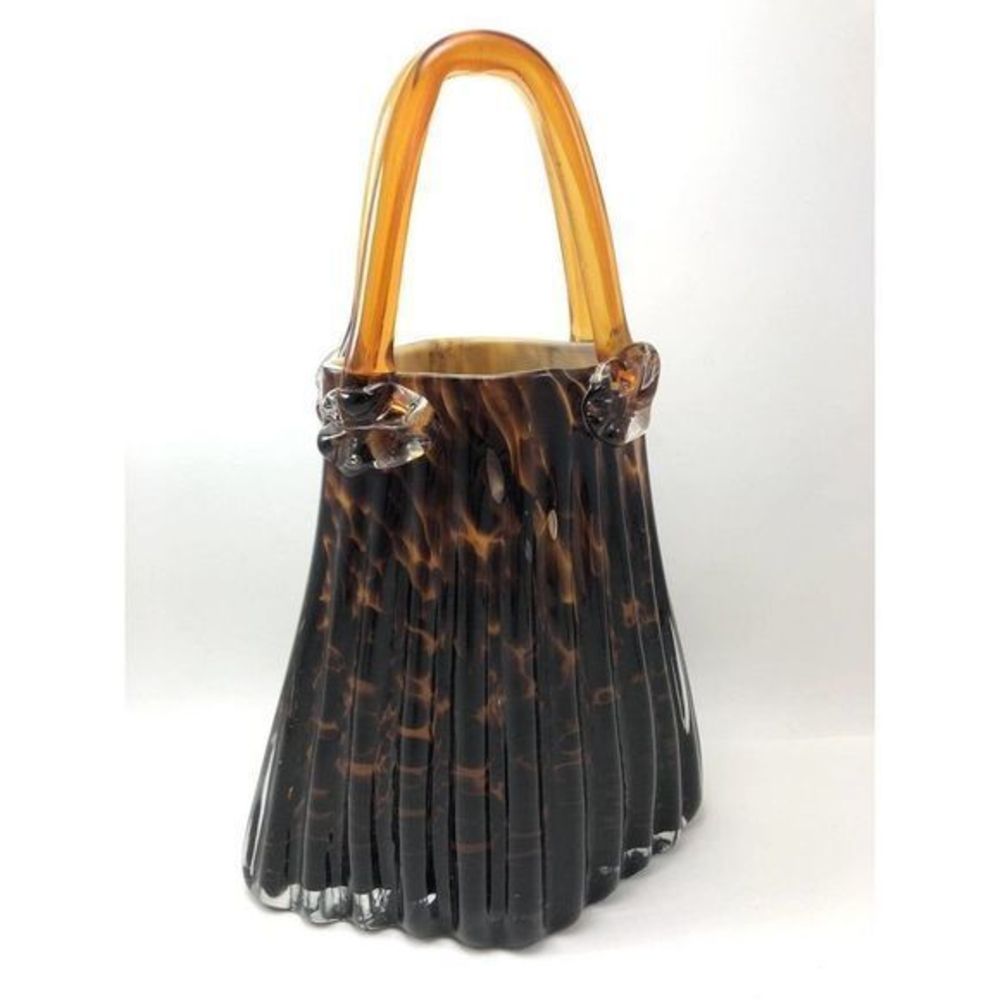Block Crystal Purse Vase Art‎ Glass Julia Handbag Mouth Blown Leopard Tortoise